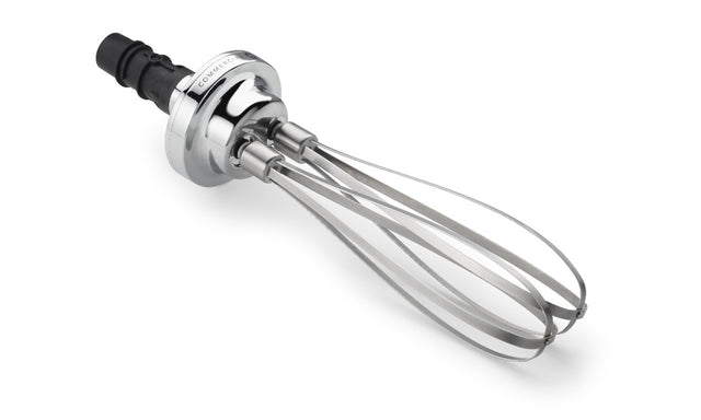 A close-up of a 10” stainless steel whisk attachment for a KitchenAid Commercial appliance, featuring three metal loops and a black plastic connector at the top, designed for mixing or beating ingredients against a white background.