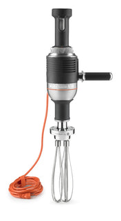 A black KitchenAid Commercial Immersion Blender with a side handle, metallic whisk attachment, and an orange power cord coiled neatly at the base. The heavy duty immersion blender is displayed upright against a white background.