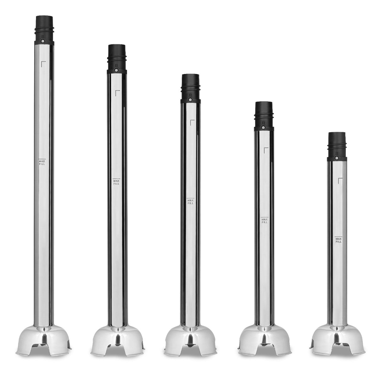 Five shiny metal poles of varying heights stand upright in a row on round, chrome bases with notched edges. Each pole, reminiscent of a heavy duty immersion blender, has a black cap at the top and a vertical seam reflecting light against white.