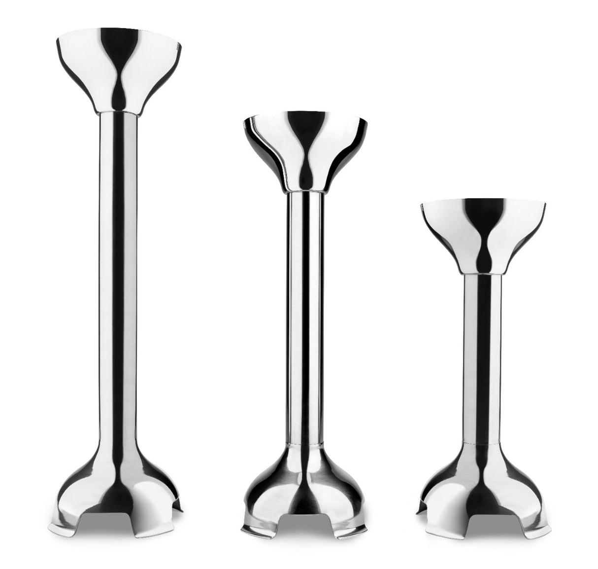 Three metallic stick blender shafts, including a 12 stainless steel blending arm, stand upright side by side. Each features a shiny surface, flared top, and rounded base with three open slots for blending against a plain white background.