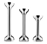 Three metallic stick blender shafts, including a 12 stainless steel blending arm, stand upright side by side. Each features a shiny surface, flared top, and rounded base with three open slots for blending against a plain white background.