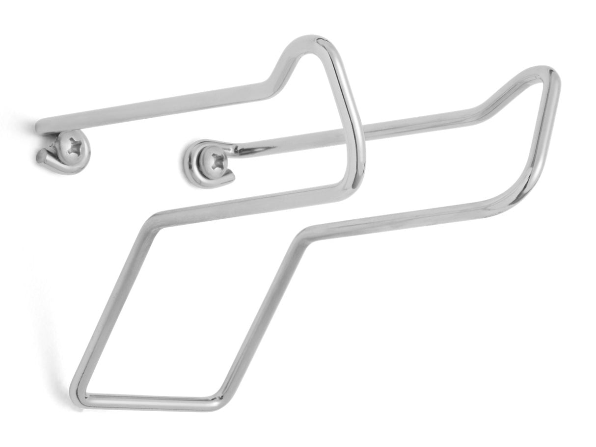 A wall-mounted, chrome-colored metal towel holder shaped like a simplified outline of a gun, attached with two visible round screws. The KHBC400WMB wall mount bracket design is minimalist, with smooth rods forming the gun silhouette against a white background.