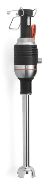 A KHBC400WMB KitchenAid Commercial immersion blender with a black and silver motor body, orange power cord, ergonomic handle, stainless steel blending shaft, and four-prong blade stands upright next to a wall mount bracket on a white background.
