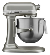 A silver KitchenAid Commercial Stand Mixer with a large 8 quart bowl and tilt-head design. Featuring a speed control lever on the side and sturdy, professional appearance, this mixer stands out against a plain white background.