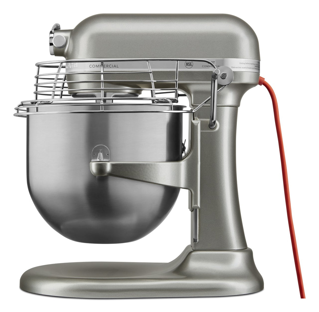A silver KitchenAid Commercial Stand Mixer with a large 8 quart bowl and a safety guard on top. The mixer features a modern design, sleek red power cord, and sturdy base—perfect for handling big batches with ease.