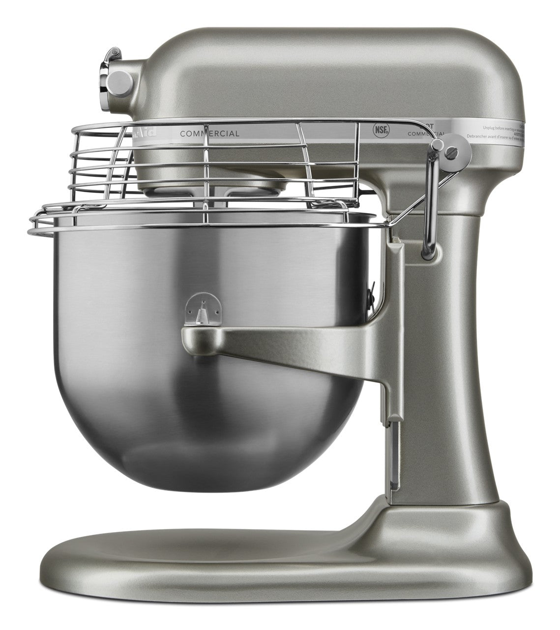 A metallic silver KitchenAid Commercial Stand Mixer features a large 8 quart bowl, a wire safety guard, lever arm, and speed control knob on the side. Its modern, industrial design and sturdy base make it ideal for commercial kitchens.