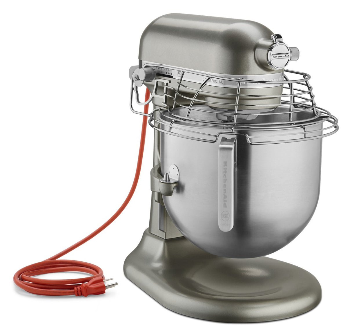 A metallic KitchenAid Commercial Stand Mixer with a robust, industrial design features an 8 quart bowl, safety guard, and a red power cord coiled beside it. The stainless steel bowl and KitchenAid branding stand out on its side.