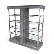 Forbes Industries 6583 Century Rolling Display (Executive) Dual Sided Access With Laminate Exterior And 1.5” Brushed Stainless Steel Support Posts. Unit Has Eight Full Length Glass Shelves With A Protective Brushed Stainless Steel Perimeter