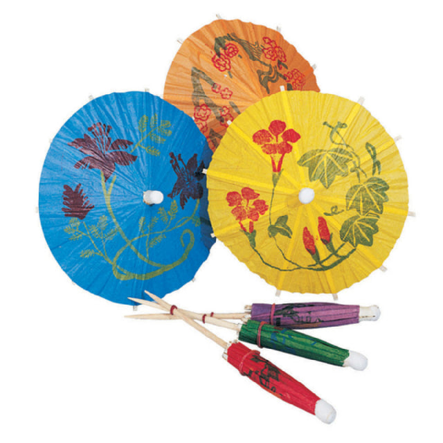 Spill-Stop 402-10 Parasol Pick Opens To 3-1/4" Dia. Multi-color Designs Printed On Assorted Colored Papers
