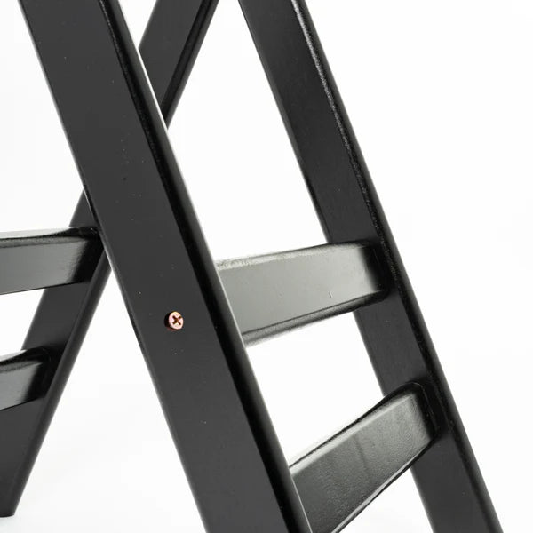 Close-up of a black folding step ladder against a white background, showcasing two legs with horizontal support steps and a visible screw. The angle highlights sturdy construction, resembling the sleek look of a deluxe tray stand.