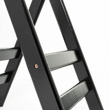 Close-up of a black folding step ladder against a white background, showcasing two legs with horizontal support steps and a visible screw. The angle highlights sturdy construction, resembling the sleek look of a deluxe tray stand.