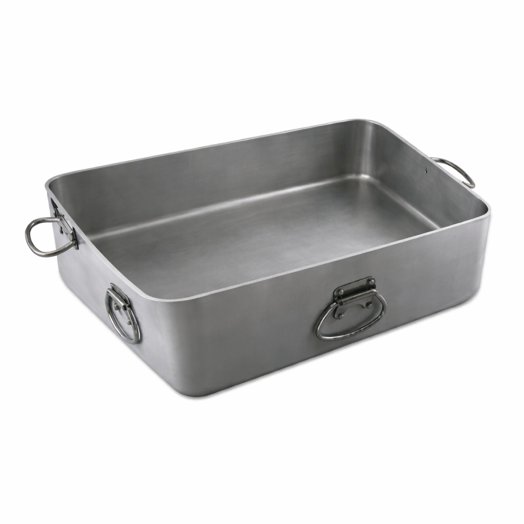 A large, rectangular Alegacy Foodservice Optima Roast Pan with high sides and three sturdy metal handles. This aluminum roast pan features a smooth, shiny surface and is empty, placed on a white background.