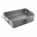 A rectangular, deep foodservice roast pan with sturdy handles on each side. Made of stainless steel with a smooth, brushed finish, this pan is empty and placed on a plain white background.
