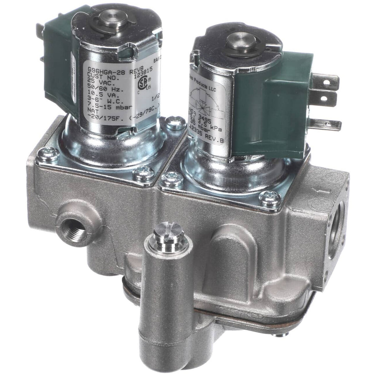 A close-up view of a dual solenoid gas valve assembly with metallic housing, two green solenoid coils, electrical terminals, and pipe fittings—typically used for controlling gas flow in heating systems or Groen steamer applications.