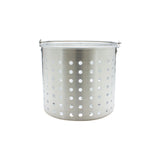 A stainless steel steamer basket with evenly spaced circular holes, a rolled rim, and a wire handle on both sides. Designed to fit a 16 quart pot, the basket is centered on a plain white background.