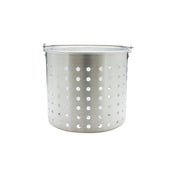 A stainless steel steamer basket with evenly spaced circular holes, a rolled rim, and a wire handle on both sides. Designed to fit a 16 quart pot, the basket is centered on a plain white background.