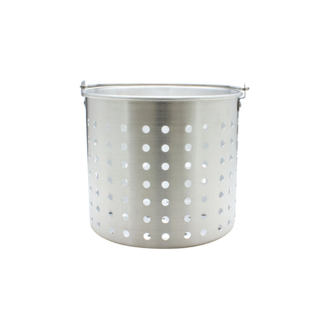 A stainless steel steamer basket with evenly spaced circular holes, a rolled rim, and a wire handle on both sides. Designed to fit a 16 quart pot, the basket is centered on a plain white background.