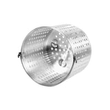 A cylindrical, silver aluminum steamer basket with numerous round holes on its sides and bottom. The basket has a smooth finish, two small handles, and is designed to fit a 16 quart pot for draining or steaming food. The background is plain white.