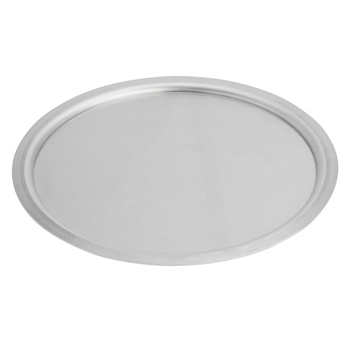 A plain, round, metal tray made from 18 gauge aluminum with a slightly raised edge sits on a white background. The tray has a smooth, shiny surface and no visible patterns or designs. Made in USA, it appears empty and is centered in the image.