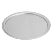 A plain, round, metal tray made from 18 gauge aluminum with a slightly raised edge sits on a white background. The tray has a smooth, shiny surface and no visible patterns or designs. Made in USA, it appears empty and is centered in the image.