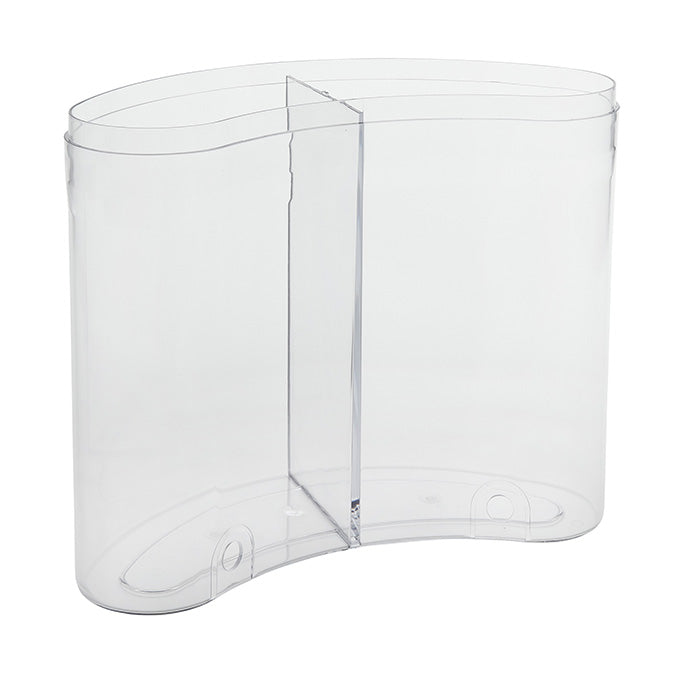 A transparent, curved polycarbonate container with a wavy, kidney-bean-shaped design. Featuring a vertical divider and two small circular indents for stability, this empty dual juice dispenser by American Metalcraft rests on a white background.