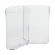 A transparent, curved polycarbonate container with a wavy, kidney-bean-shaped design. Featuring a vertical divider and two small circular indents for stability, this empty dual juice dispenser by American Metalcraft rests on a white background.