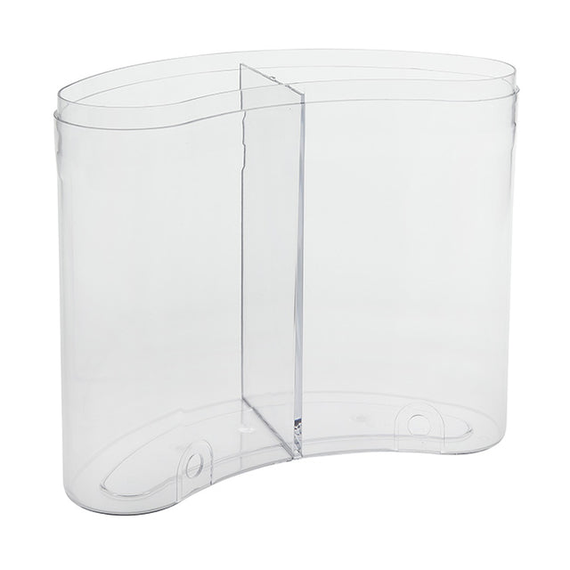 A transparent, curved polycarbonate container with a wavy, kidney-bean-shaped design. Featuring a vertical divider and two small circular indents for stability, this empty dual juice dispenser by American Metalcraft rests on a white background.