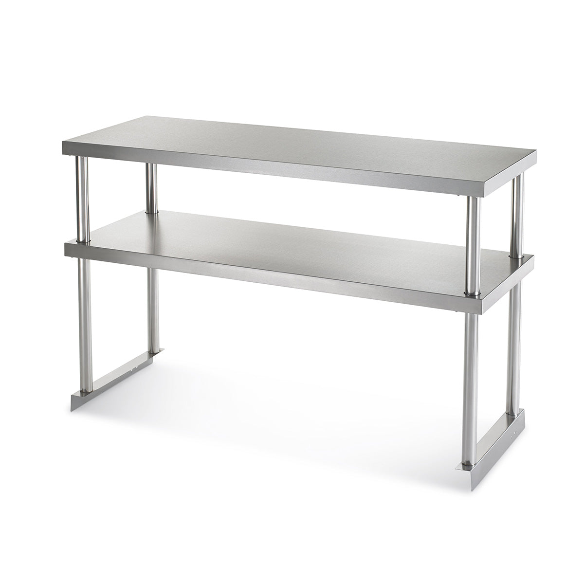 A stainless steel prep table with a rectangular top, open lower shelf, and sturdy legs supports both tiers. Its sleek, modern industrial design—enhanced by a double overshelf—is perfect for kitchens or workspaces.