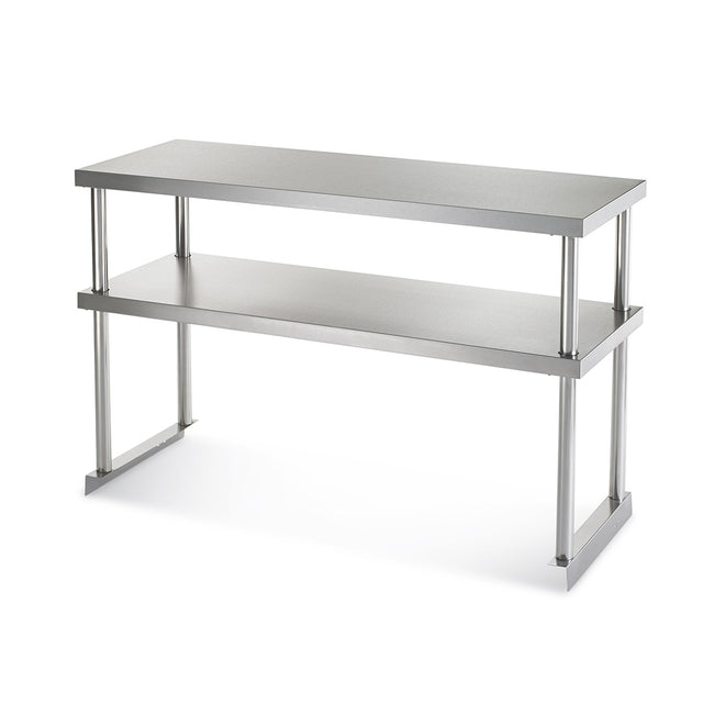 A stainless steel prep table with a rectangular top, open lower shelf, and sturdy legs supports both tiers. Its sleek, modern industrial design—enhanced by a double overshelf—is perfect for kitchens or workspaces.