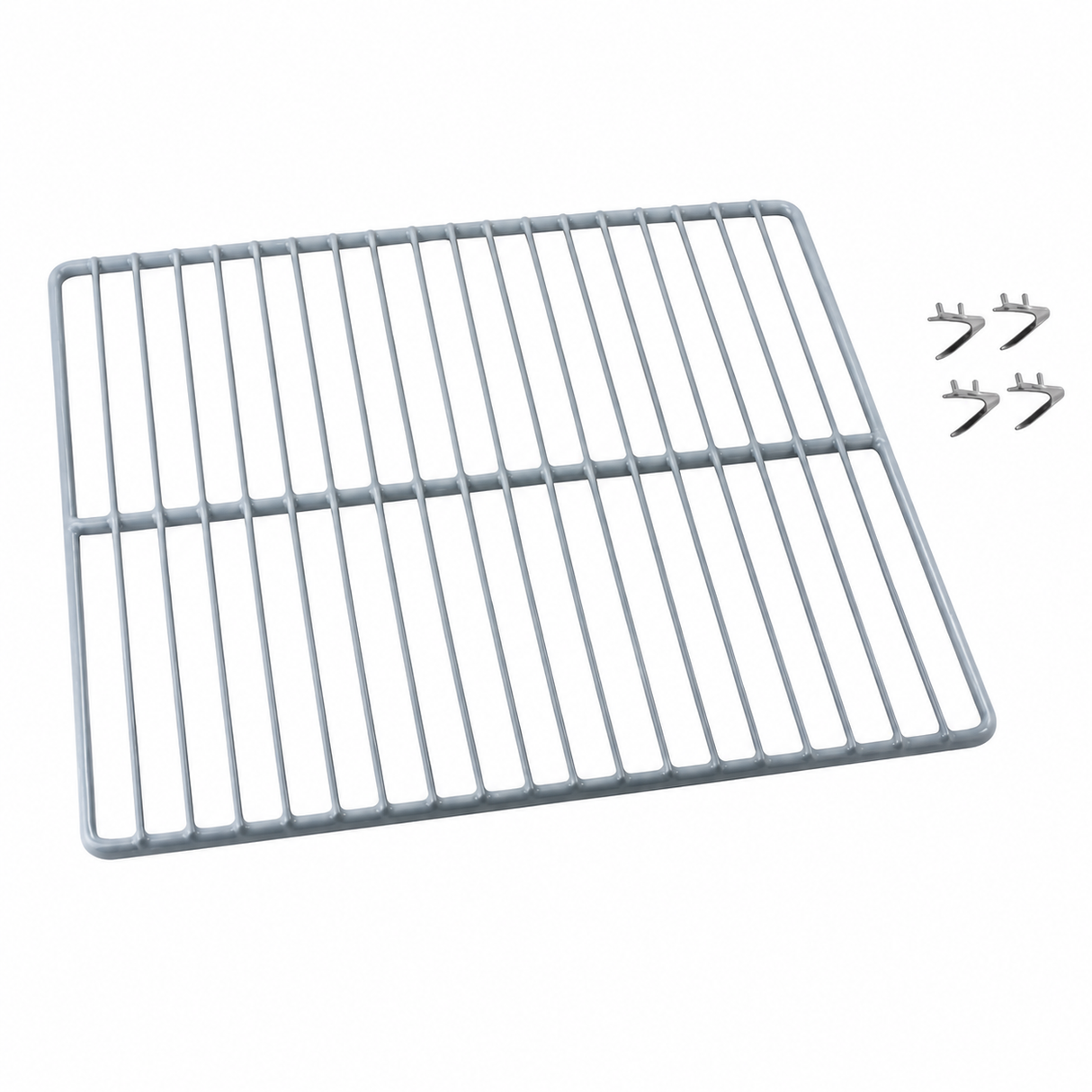 A silver metal wire rack with evenly spaced bars is shown on a white background. Four small, matching metal brackets are placed to the right, making this Arctic Air shelf kit ideal for use in an oven or refrigerator. Suitable for AR49/AF49 models.