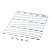 A metal wire oven rack with closely spaced horizontal bars is shown on a white background. In front of the rack are four small, white plastic clips spaced evenly in a row—part of an Arctic Air Shelf Kit for AWR25/AWF25 models.