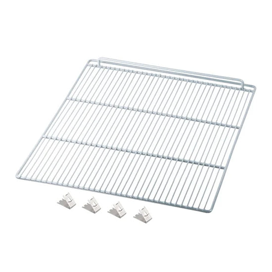 A metal wire oven rack with closely spaced horizontal bars is shown on a white background. In front of the rack are four small, white plastic clips spaced evenly in a row—part of an Arctic Air Shelf Kit for AWR25/AWF25 models.