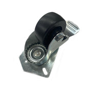 A close-up of a metal caster wheel from the Arctic Air AWF25, featuring a black rubber tire and silver bracket. The bracket has two mounting holes and a swivel mechanism, allowing full rotation. The background is plain white.