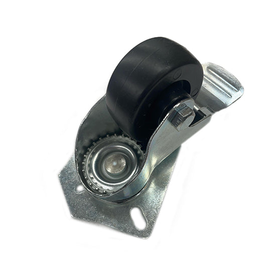 A close-up of a metal caster wheel from the Arctic Air AWF25, featuring a black rubber tire and silver bracket. The bracket has two mounting holes and a swivel mechanism, allowing full rotation. The background is plain white.