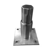 A metallic, hexagonal ACP4SQ post mounted vertically on a square metal base plate with four screw holes at each corner. The post has a smooth, brushed finish and stands upright like Arctic Air adjustable stainless steel legs against a white background.