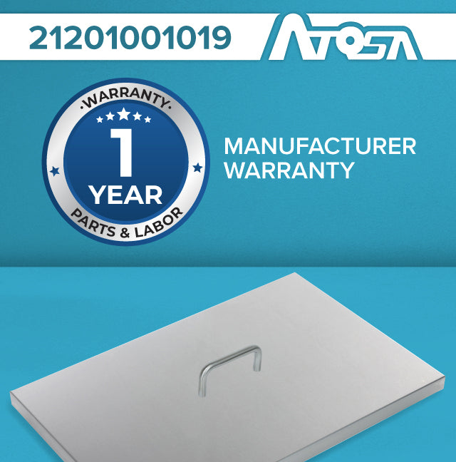 A silver Fryer Tank Cover with a handle is displayed on a blue background. Above it, text reads 21201001019, Atosa, and ATFS-50. A circular badge says 1 Year Warranty Parts & Labor. To the right, text reads Manufacturer Warranty.