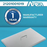 A silver Fryer Tank Cover with a handle is displayed on a blue background. Above it, text reads 21201001019, Atosa, and ATFS-50. A circular badge says 1 Year Warranty Parts & Labor. To the right, text reads Manufacturer Warranty.