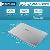 A rectangular Fryer Tank Cover with a central handle is shown on a blue background. Dimensions: width 15-1/2, depth 23-5/8, height 1-7/8 (excluding handle). Compatible with ATFS-40 and ATFS-50. Atosa logo and product number 21201001019 included.