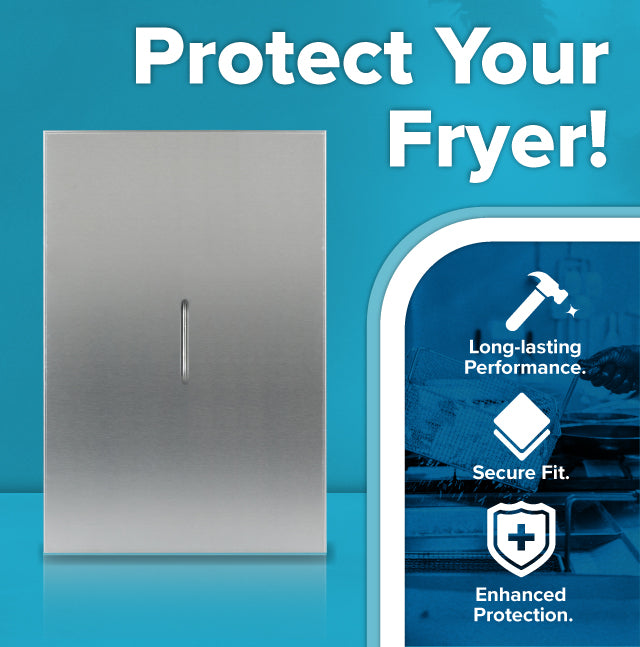 A stainless steel Fryer Tank Cover, compatible with ATFS-40 and ATFS-50 models, is displayed on a blue background. Text at the top reads “Protect Your Fryer!” Icons highlight “Long-lasting Performance,” “Secure Fit,” and “Enhanced Protection.”.