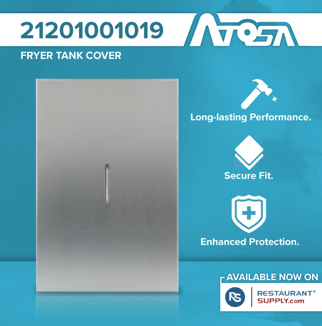 A rectangular stainless steel Fryer Tank Cover, compatible with ATFS-40 and ATFS-50, is centered on a blue background. Product number 21201001019 and Atosa logo are at the top. Icons highlight its secure fit, long-lasting performance, and enhanced protection.