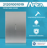 A rectangular stainless steel Fryer Tank Cover, compatible with ATFS-40 and ATFS-50, is centered on a blue background. Product number 21201001019 and Atosa logo are at the top. Icons highlight its secure fit, long-lasting performance, and enhanced protection.