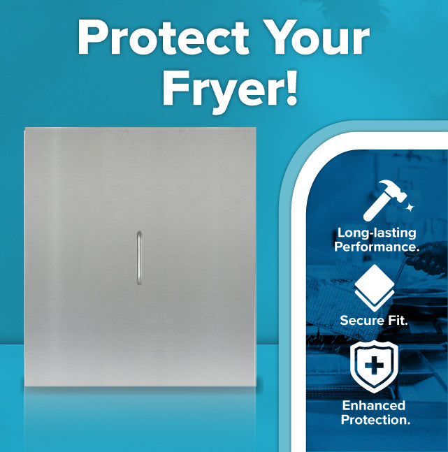 A metallic, rectangular Fryer Tank Cover is centered on a blue background. Above it, bold white text reads Protect Your Fryer! To the right, icons with text highlight features: long-lasting performance, secure fit, and enhanced protection.