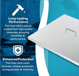 A rectangular ATFS-75 Fryer Tank Cover by Atosa USA with a handle is shown on the right. On the left, text highlights its long-lasting performance and enhanced protection, with hammer and shield icons above. The blue background has an industrial vibe.