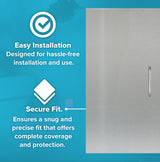 A marketing graphic highlights easy installation and secure fit for the Atosa USA Fryer Tank Cover, ATFS-75. It features text and icons on a blue background, with part of a metallic object on the right. Checkmark and diamond symbols emphasize simplicity and protection.