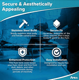 A promotional graphic titled “Secure & Aesthetically Appealing” showcases the ATFS-75 Fryer Tank Cover by Atosa USA, highlighting its stainless steel build, secure fit, enhanced protection, and easy installation against a blue background.