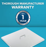 A metallic Fryer Tank Cover with a handle rests on a flat surface against a teal background. Above it, white text reads Thorough Manufacturer Warranty. A circular emblem highlights 1 Year Warranty Parts & Labor from Atosa USA, model ATFS-75.