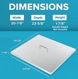 A square metal Fryer Tank Cover with a handle is displayed on a blue background. White text above shows dimensions: Width 20-7/8”, Depth 23-5/8”, Height 1-7/8”. Lines and labels indicate each dimension on this ATFS-75 lid by Atosa USA.