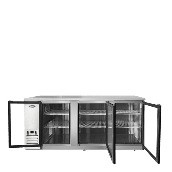 A commercial stainless steel refrigerator with two glass doors is open, revealing three metal shelves inside. This sleek Atosa Back Bar Cooler features a control panel on the lower left side and a modern design, making it ideal for storing food or beverages in a professional kitchen.