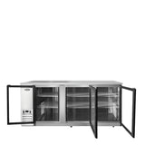 A commercial stainless steel refrigerator with two glass doors is open, revealing three metal shelves inside. This sleek Atosa Back Bar Cooler features a control panel on the lower left side and a modern design, making it ideal for storing food or beverages in a professional kitchen.