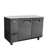 A commercial undercounter black refrigerator with two solid doors, each featuring a recessed handle, this Atosa back bar cooler is designed for convenience in compact spaces thanks to its shallow depth. The unit has four caster wheels, a vented panel on the lower left, and a blue logo near the top left. The flat and smooth stainless steel top adds durability and style.